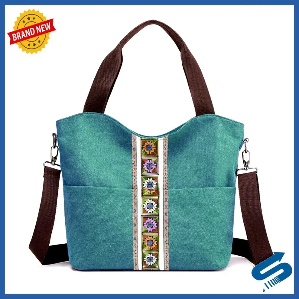 Large Canvas Tote Bag Embroidered Boho Crossbody Multi Pocket Structured Purse